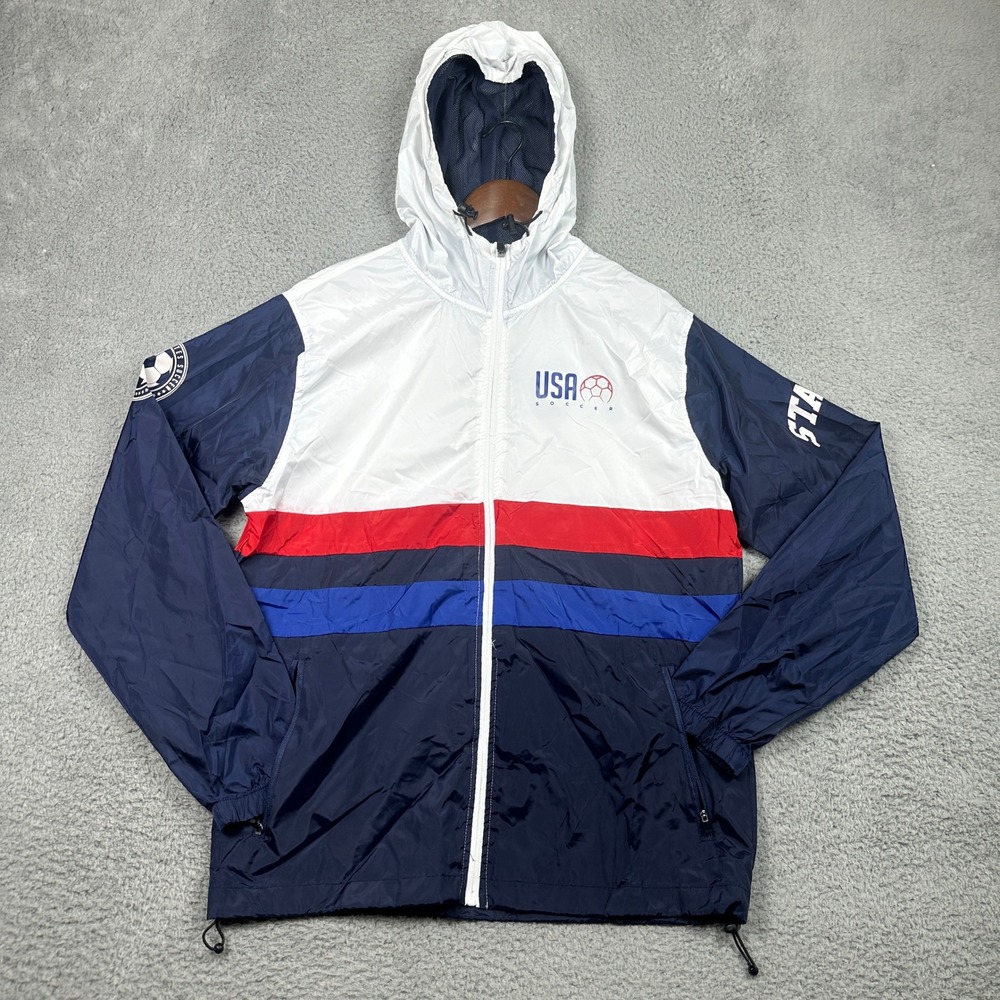 USA Soccer Windbreaker Jacket Mens Medium Blue White Red Hooded‎ Full Zip